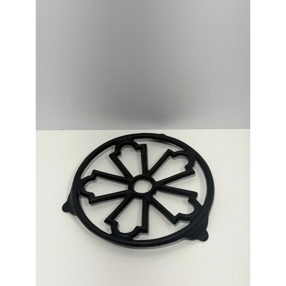 Decotec France Cast Iron Trivet Black Round Openwork Floral Pot Stand 8 inch